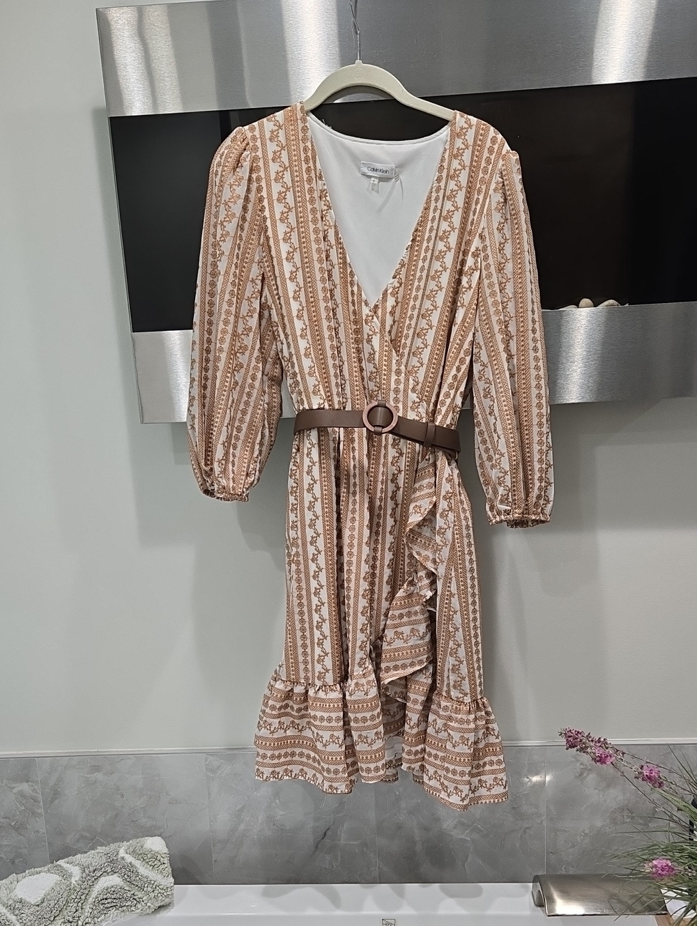 Calvin Klein Cream and Brown Striped Midi Wrap Dress